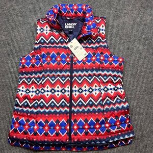Lands End Womens 600 Down Puffer Vest Red Blue Fair Isle USA Aztec medium New